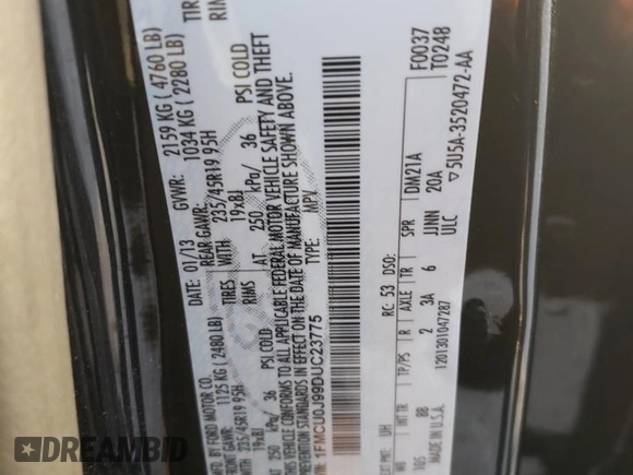 2013 Ford Escape Titanium with VIN 1FMCU0J99DUC23775, listed as a Copart auction lot 84480614 with 0 mi miles and Salvage Title. Bid and sale history available at carsss.com. Image 15.