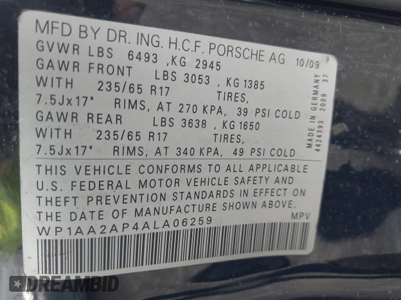 2010 Porsche Cayenne с VIN WP1AA2AP4ALA06259, выставлен на аукционе IAAI как лот 42185601 с пробегом 112 924 миль миль и . История ставок и продаж доступна на DreamBid. Изображение 9.