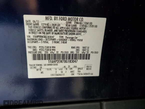 2011 Ford Taurus SEL with VIN 1FAHP2EW7BG183047, listed as a Copart auction lot 53180615 with 187,558 mi miles and Clean Title. Bid and sale history available at DreamBid. Image 12.