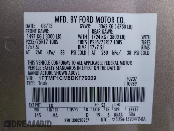 2013 Ford F-150 XL with VIN 1FTMF1CM8DKF79009, listed as a IAAI auction lot 41344079 with 91,930 mi miles and . Bid and sale history available at DreamBid. Image 9.