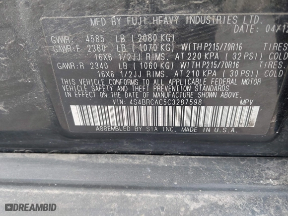 2012 Subaru Outback 2.5i with VIN 4S4BRCAC5C3287598, listed as a IAAI auction lot 42030377 with 144,195 mi miles. Bid and sale history available at carsss.com. Image 9.