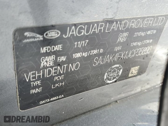 2018 Jaguar XE 25t Prestige with VIN SAJAK4FX1JCP35890, listed as a Copart auction lot 88448445 with 0 mi miles and Salvage Title. Bid and sale history available at carsss.com. Image 12.