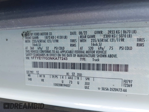 2022 Ford Transit Cargo with VIN 1FTYE1YG3NKA77243, listed as a IAAI auction lot 41231977 with 55,300 mi miles and . Bid and sale history available at DreamBid. Image 9.