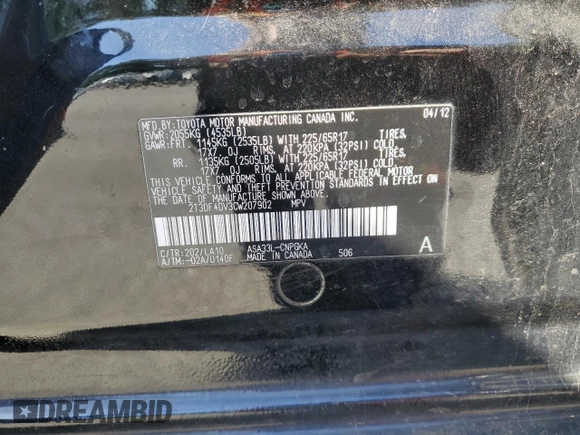 2012 Toyota RAV4 Limited with VIN 2T3DF4DV3CW207902, listed as a Copart auction lot 54400555 with 206,268 mi miles and Salvage Title. Bid and sale history available at DreamBid. Image 13.