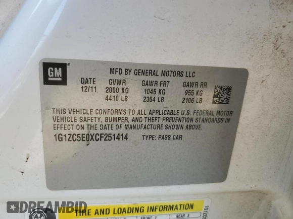 2012 Chevrolet Malibu 1LT with VIN 1G1ZC5E0XCF251414, listed as a Copart auction lot 48019195 with 179,038 mi miles and Salvage Title. Bid and sale history available at DreamBid. Image 14.