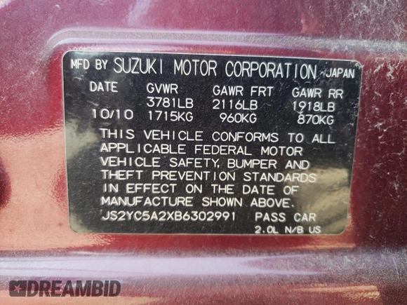 2011 Suzuki SX4 LE with VIN JS2YC5A2XB6302991, listed as a Copart auction lot 68815864 with 82,464 mi miles and Salvage Title. Bid and sale history available at carsss.com. Image 12.