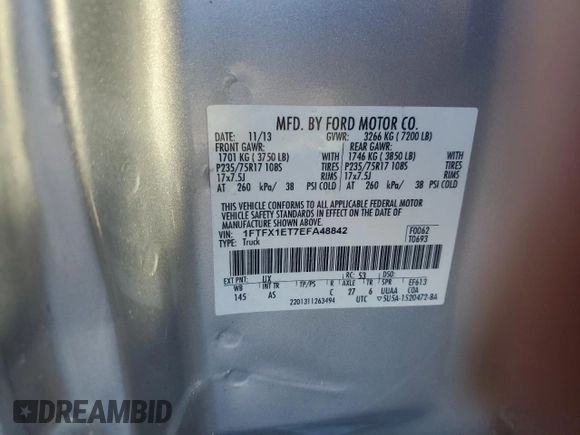 2014 Ford F-150 XL with VIN 1FTFX1ET7EFA48842, listed as a Copart auction lot 46008955 with 91,027 mi miles and Salvage Title. Bid and sale history available at carsss.com. Image 14.