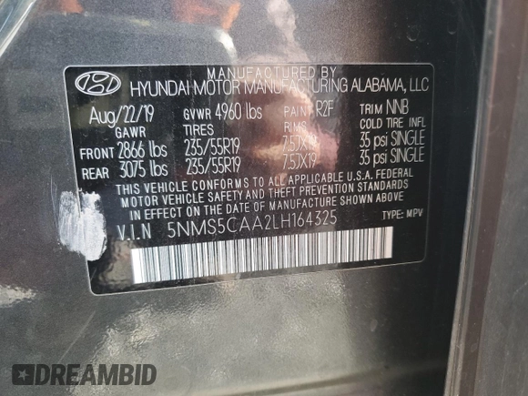 2020 Hyundai Santa Fe Limited with VIN 5NMS5CAA2LH164325, listed as a Copart auction lot 73631442 with 71,938 mi miles. Bid and sale history available at carsss.com. Image 14.