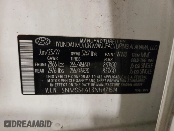 2022 Hyundai Santa Fe Calligraphy with VIN 5NMS54AL3NH471514, listed as a Copart auction lot 84544874 with 53,796 mi miles and Salvage Title. Bid and sale history available at carsss.com. Image 13.