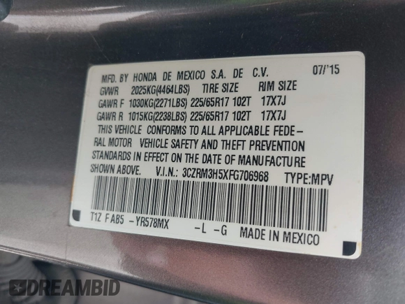 2015 Honda CR-V EX with VIN 3CZRM3H5XFG706968, listed as a IAAI auction lot 42055301 with 79,566 mi miles and . Bid and sale history available at carsss.com. Image 9.