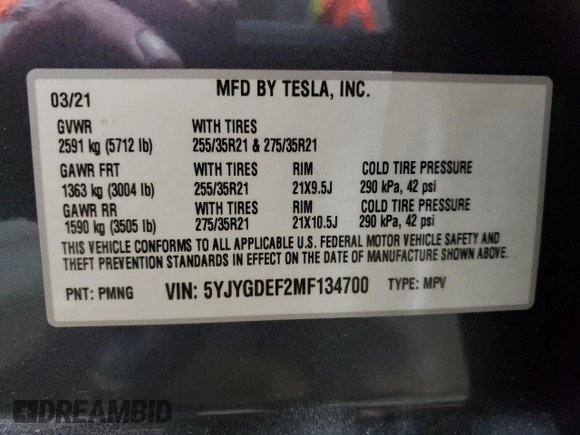 2021 Tesla Model Y Performance with VIN 5YJYGDEF2MF134700, listed as a Copart auction lot 56325685 with 66,730 mi miles and Salvage Title. Bid and sale history available at DreamBid. Image 14.