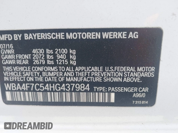 2017 BMW 4 Series 430i with VIN WBA4F7C54HG437984, listed as a IAAI auction lot 42429305 with 112,591 mi miles and . Bid and sale history available at DreamBid. Image 9.