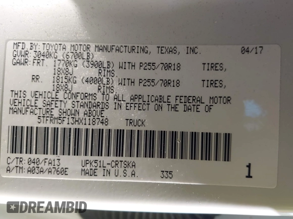 2017 Toyota Tundra SR with VIN 5TFRM5F13HX118748, listed as a IAAI auction lot 42671596 with 112,816 mi miles and . Bid and sale history available at DreamBid. Image 9.