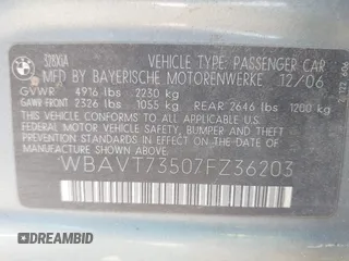 2007 BMW 3 Series 328xi with VIN WBAVT73507FZ36203, listed as a IAAI auction lot 42709273 with 208,428 mi miles and . Bid and sale history available at DreamBid. Image 9.