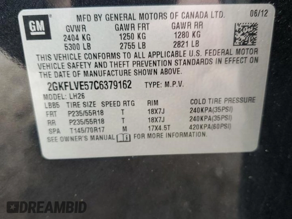 2012 GMC Terrain SLT-1 with VIN 2GKFLVE57C6379162, listed as a Copart auction lot 43309175 with 145,588 mi miles and Salvage Title. Bid and sale history available at carsss.com. Image 13.