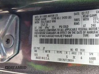 2017 Ford Escape SE with VIN 1FMCU0GD1HUE75697, listed as a IAAI auction lot 42077385 with 160,634 mi miles and . Bid and sale history available at DreamBid. Image 9.