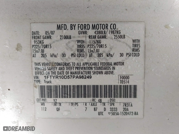 2007 Ford Ranger XL with VIN 1FTYR10D57PA98249, listed as a IAAI auction lot 41022388 with 266,437 mi miles. Bid and sale history available at carsss.com. Image 9.