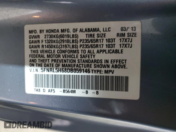 2013 Honda Odyssey EX-L with VIN 5FNRL5H68DB059146, listed as a Copart auction lot 47190105 with 200,378 mi miles and Salvage Title. Bid and sale history available at DreamBid. Image 13.