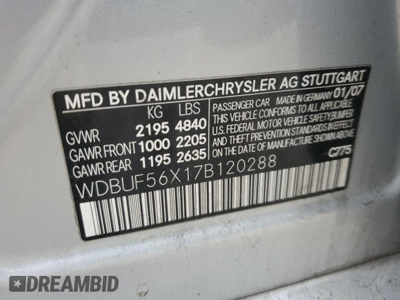 2007 Mercedes-Benz E-Class 3.5L with VIN WDBUF56X17B120288, listed as a Copart auction lot 42972605 with 208,635 mi miles and Salvage Title. Bid and sale history available at carsss.com. Image 12.