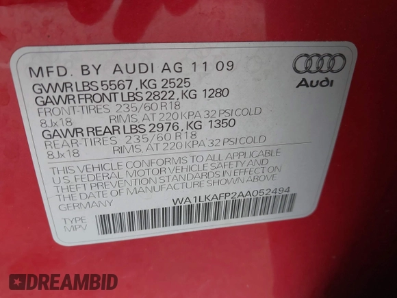 2010 Audi Q5 Premium Plus with VIN WA1LKAFP2AA052494, listed as a IAAI auction lot 42443407 with 161,654 mi miles and . Bid and sale history available at DreamBid. Image 9.