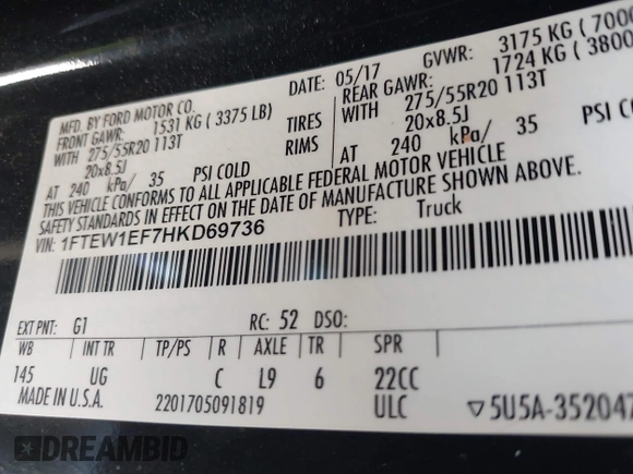 2017 Ford F-150 XL with VIN 1FTEW1EF7HKD69736, listed as a IAAI auction lot 42079427 with 192,236 mi miles. Bid and sale history available at carsss.com. Image 9.
