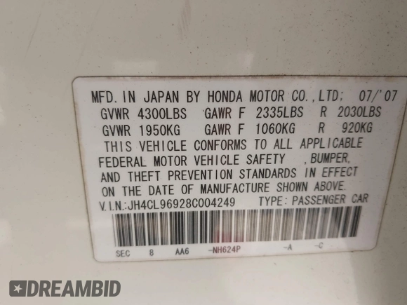 2008 Acura TSX Nav with VIN JH4CL96928C004249, listed as a IAAI auction lot 42590113 with 279,769 mi miles and . Bid and sale history available at DreamBid. Image 9.