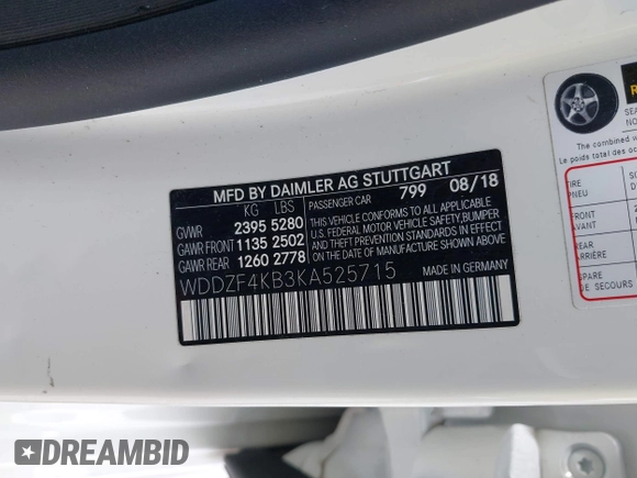 2019 Mercedes-Benz E 300 with VIN WDDZF4KB3KA525715, listed as a IAAI auction lot 42296724 with 62,730 mi miles and . Bid and sale history available at DreamBid. Image 9.