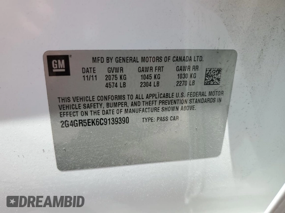 2012 Buick Regal with VIN 2G4GR5EK6C9139390, listed as a Copart auction lot 53065305 with 215,130 mi miles and Salvage Title. Bid and sale history available at DreamBid. Image 13.