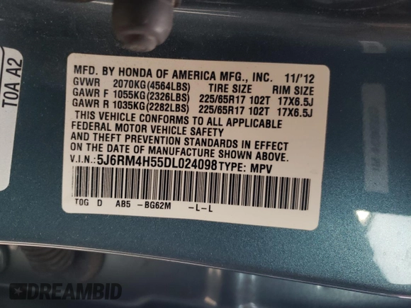 2013 Honda CR-V EX z VIN 5J6RM4H55DL024098, wystawiony jako Copart lot #59055285 z przebiegiem 116 469 mil mil oraz Szkoda całkowita • Salvage title. Historia ofert i sprzedaży dostępna na DreamBid. Obrazek 13.