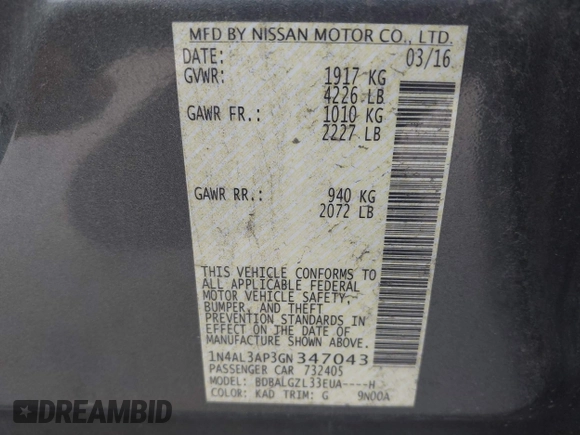 2016 Nissan Altima S with VIN 1N4AL3AP3GN347043, listed as a IAAI auction lot 41722297 with 145,843 mi miles and . Bid and sale history available at DreamBid. Image 9.