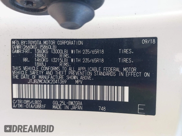 2019 Lexus RX with VIN JTJBZMCA0K2041369, listed as a IAAI auction lot 40557791 with 51,524 mi miles. Bid and sale history available at carsss.com. Image 9.