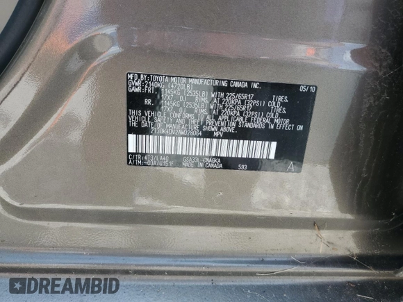 2010 Toyota RAV4 Limited with VIN 2T3DK4DV2AW028064, listed as a Copart auction lot 56224865 with Not provided miles and Clean title. Bid and sale history available at DreamBid. Image 13.