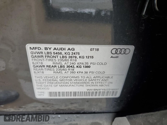 2018 Audi Q5 Premium Plus with VIN WA1BNAFY9J2218337, listed as a Copart auction lot 49578744 with 40,771 mi miles and Salvage Title. Bid and sale history available at carsss.com. Image 12.