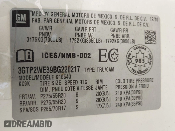 2011 GMC Sierra 1500 SLT with VIN 3GTP2WE39BG220217, listed as a IAAI auction lot 42234448 with 278,962 mi miles and . Bid and sale history available at DreamBid. Image 9.