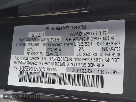 2018 Mazda CX-5 Grand Touring with VIN JM3KFBDM0J0405574, listed as a IAAI auction lot 41725319 with 44,380 mi miles. Bid and sale history available at carsss.com. Image 9.