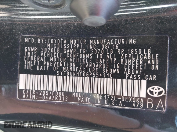2016 Toyota Corolla L with VIN 5YFBURHE0GP554110, listed as a IAAI auction lot 42084961 with 83,825 mi miles and . Bid and sale history available at DreamBid. Image 9.