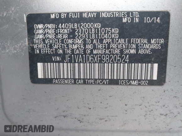 2015 Subaru WRX Premium with VIN JF1VA1D6XF9820524, listed as a IAAI auction lot 41510595 with 98,576 mi miles and . Bid and sale history available at DreamBid. Image 9.