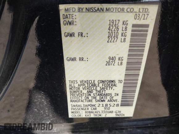 2017 Nissan Altima SL with VIN 1N4AL3AP0HC218528, listed as a IAAI auction lot 41967042 with 90,010 mi miles and . Bid and sale history available at DreamBid. Image 9.