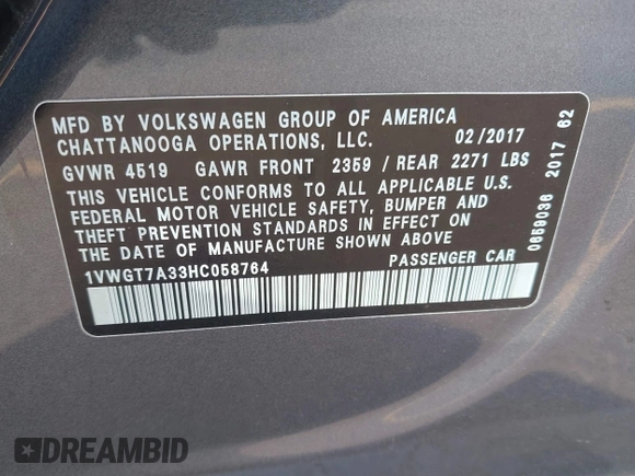 2017 Volkswagen Passat SE with VIN 1VWGT7A33HC058764, listed as a IAAI auction lot 42668036 with 76,732 mi miles and . Bid and sale history available at DreamBid. Image 9.
