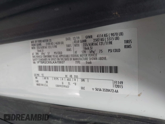 2020 Ford Transit Cargo z VIN 1FTBR2C85LKA15937, wystawiony jako IAAI lot #41673232 z przebiegiem 56 172 mil mil oraz . Historia ofert i sprzedaży dostępna na DreamBid. Obrazek 9.