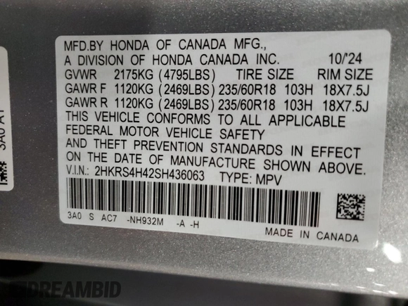 2025 Honda CR-V EX with VIN 2HKRS4H42SH436063, listed as a Copart auction lot 48762585 with 6,254 mi miles and Salvage Title. Bid and sale history available at DreamBid. Image 14.