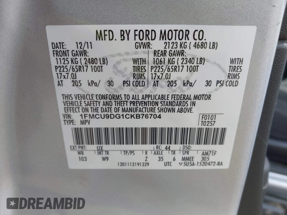 2012 Ford Escape XLT with VIN 1FMCU9DG1CKB76704, listed as a IAAI auction lot 41863525 with 176,104 mi miles and . Bid and sale history available at DreamBid. Image 9.
