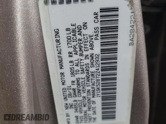 2002 Chevrolet Prizm с VIN 1Y1SK52872Z412932, выставлен на аукционе Copart как лот 81051604 с пробегом 126 544 миль миль и Списание • Salvage title. История ставок и продаж доступна на DreamBid. Изображение 12.