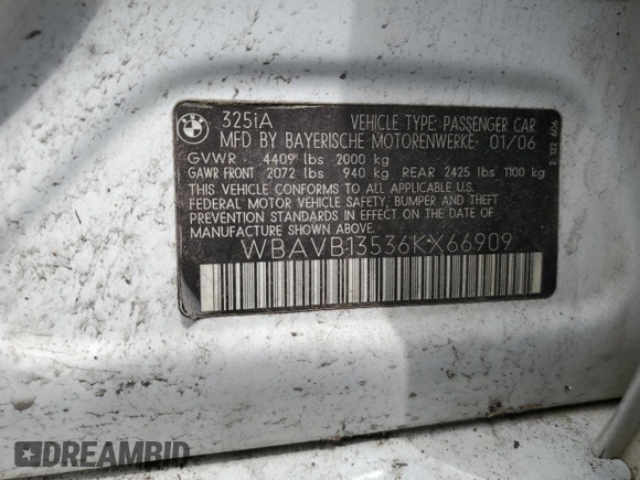 2006 BMW 3 Series 325i with VIN WBAVB13536KX66909, listed as a Copart auction lot 60811385 with 170,270 mi miles and Salvage title. Bid and sale history available at DreamBid. Image 12.