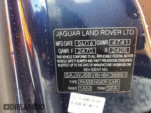 2017 Jaguar F-Type S with VIN SAJWJ6BV8H8K38891, listed as a Copart auction lot 45101085 with Not Provided miles and Non Repairable. Bid and sale history available at DreamBid. Image 12.