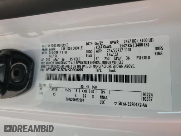 2022 Ford F-150 XL with VIN 1FTMF1CB7NKD93655, listed as a Copart auction lot 44081205 with 90,463 mi miles and Salvage Title. Bid and sale history available at carsss.com. Image 12.