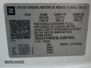 2020 Chevrolet Silverado 1500 High Country with VIN 3GCUYHED3LG287631, listed as a Copart auction lot 83808964 with 0 mi miles and Salvage Title. Bid and sale history available at carsss.com. Image 12.