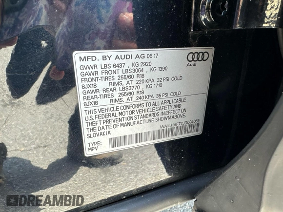 2018 Audi Q7 Premium Plus with VIN WA1LHAF77JD004065, listed as a Copart auction lot 52912895 with 70,583 mi miles and Clean Title. Bid and sale history available at carsss.com. Image 10.