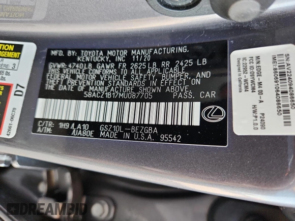 2021 Lexus ES 350 with VIN 58ACZ1B17MU087705, listed as a Copart auction lot 59270375 with 40,846 mi miles and Salvage title. Bid and sale history available at DreamBid. Image 13.