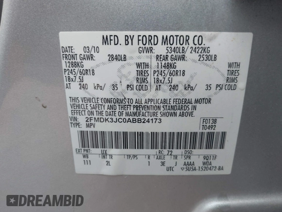 2010 Ford Edge SEL with VIN 2FMDK3JC0ABB24173, listed as a IAAI auction lot 41484816 with 244,741 mi miles. Bid and sale history available at carsss.com. Image 9.